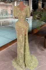 27Dress Elegant Short Sleeves Lace Mermaid Evening Dress V-neck with Split