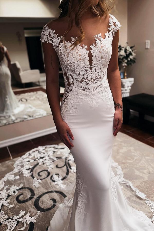 Mermaid Off-the-Shoulder Satin Lace Backless Long Wedding Dresses