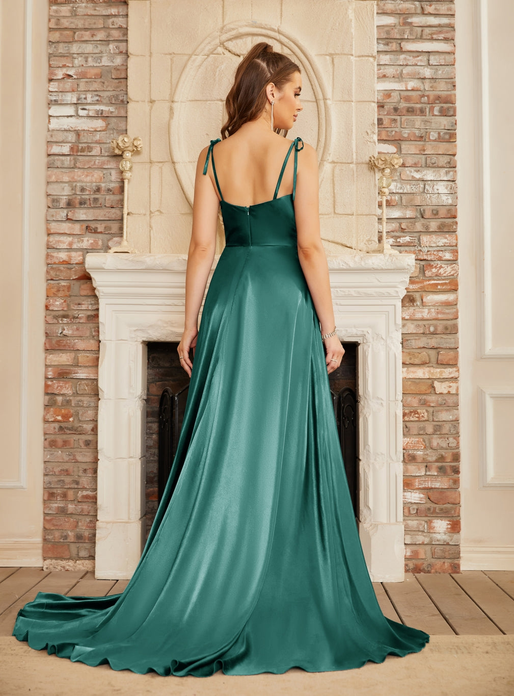 Emerald Cowl Neck Satin A-Line Long Prom Dress with Bow Back View