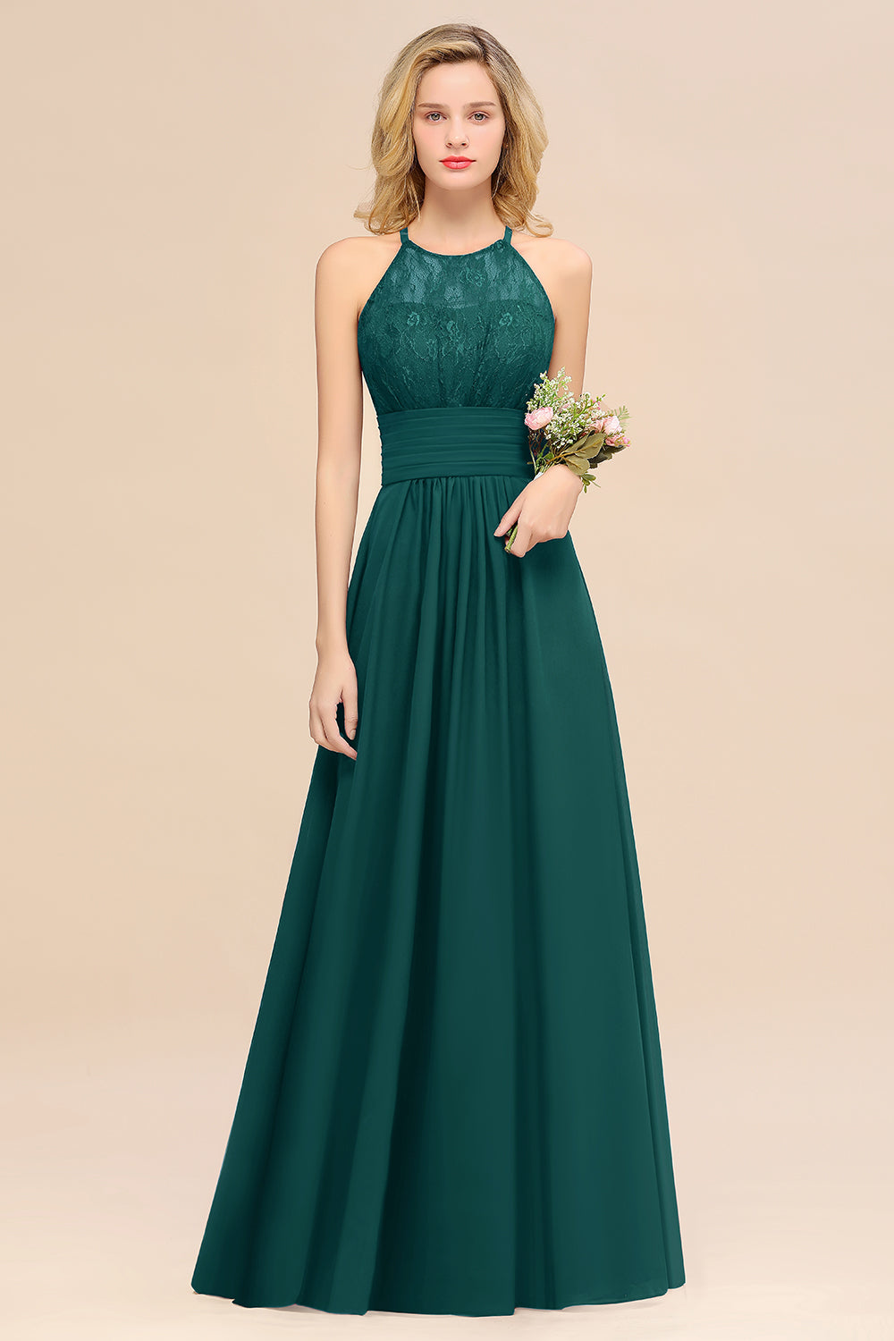 Emerald Halter Chiffon A-Line Long Bridesmaid Dress