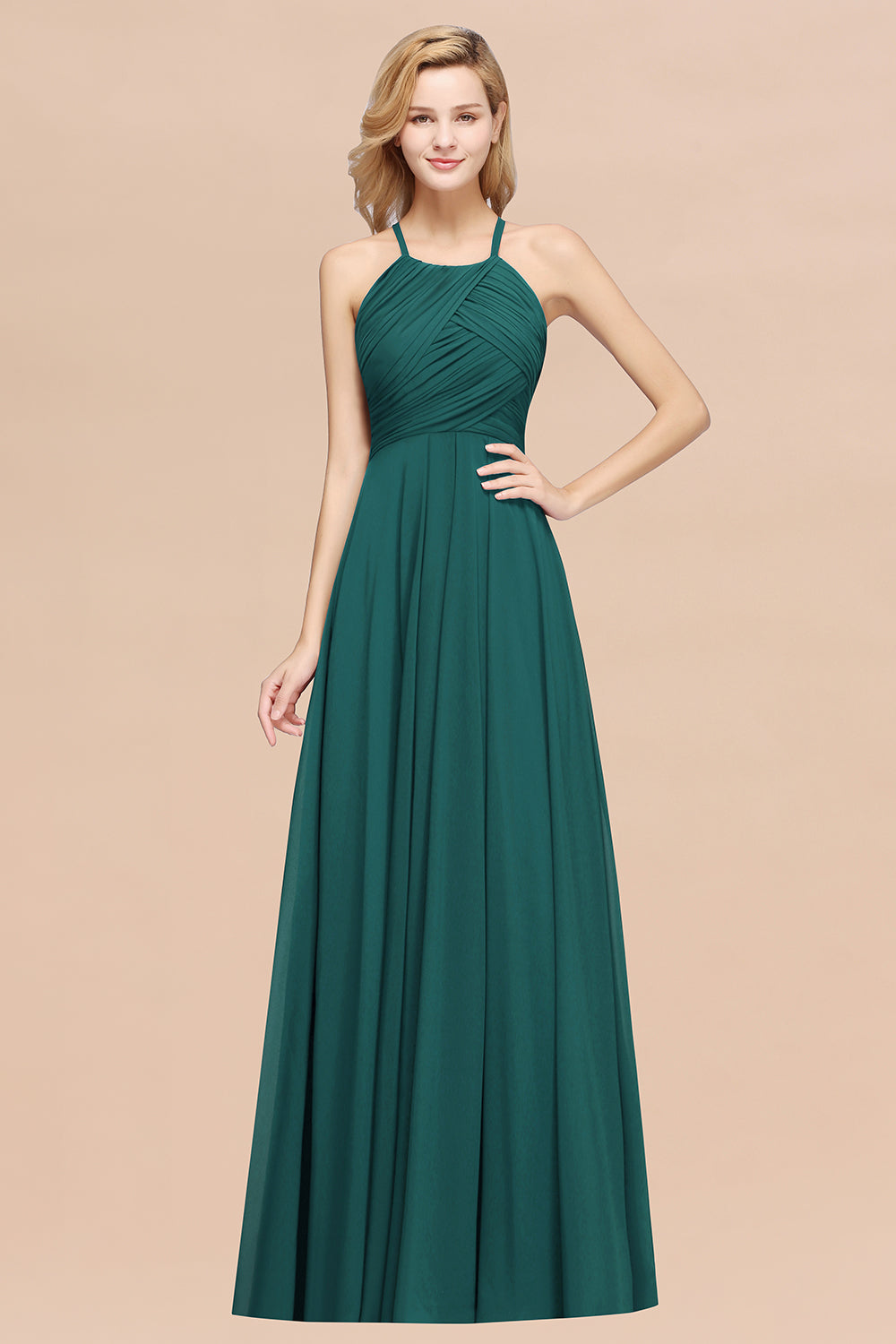 Emerald Halter Chiffon A-Line Long Bridesmaid Dress with Ruching