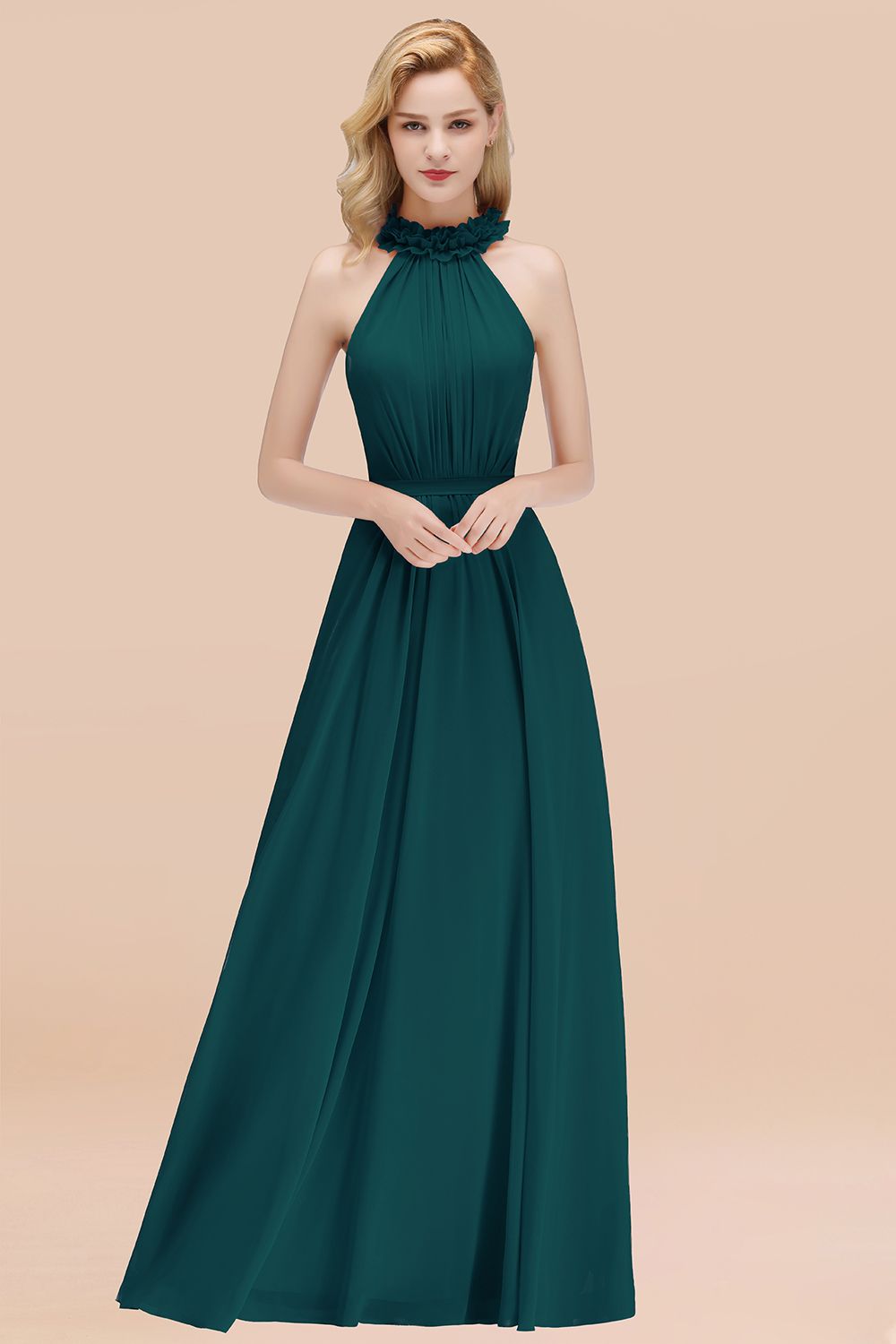 Emerald High Neck Chiffon A-Line Long Bridesmaid Dress