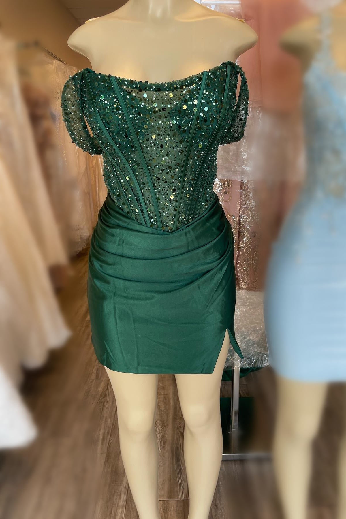 Emerald Off The Shoulder Sequin Bodycon Homecoming Dress with Slit