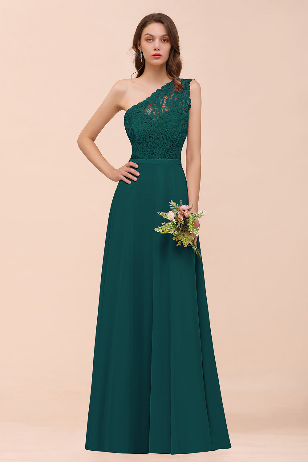 Emerald One Shoulder Chiffon A-Line Long Bridesmaid Dress