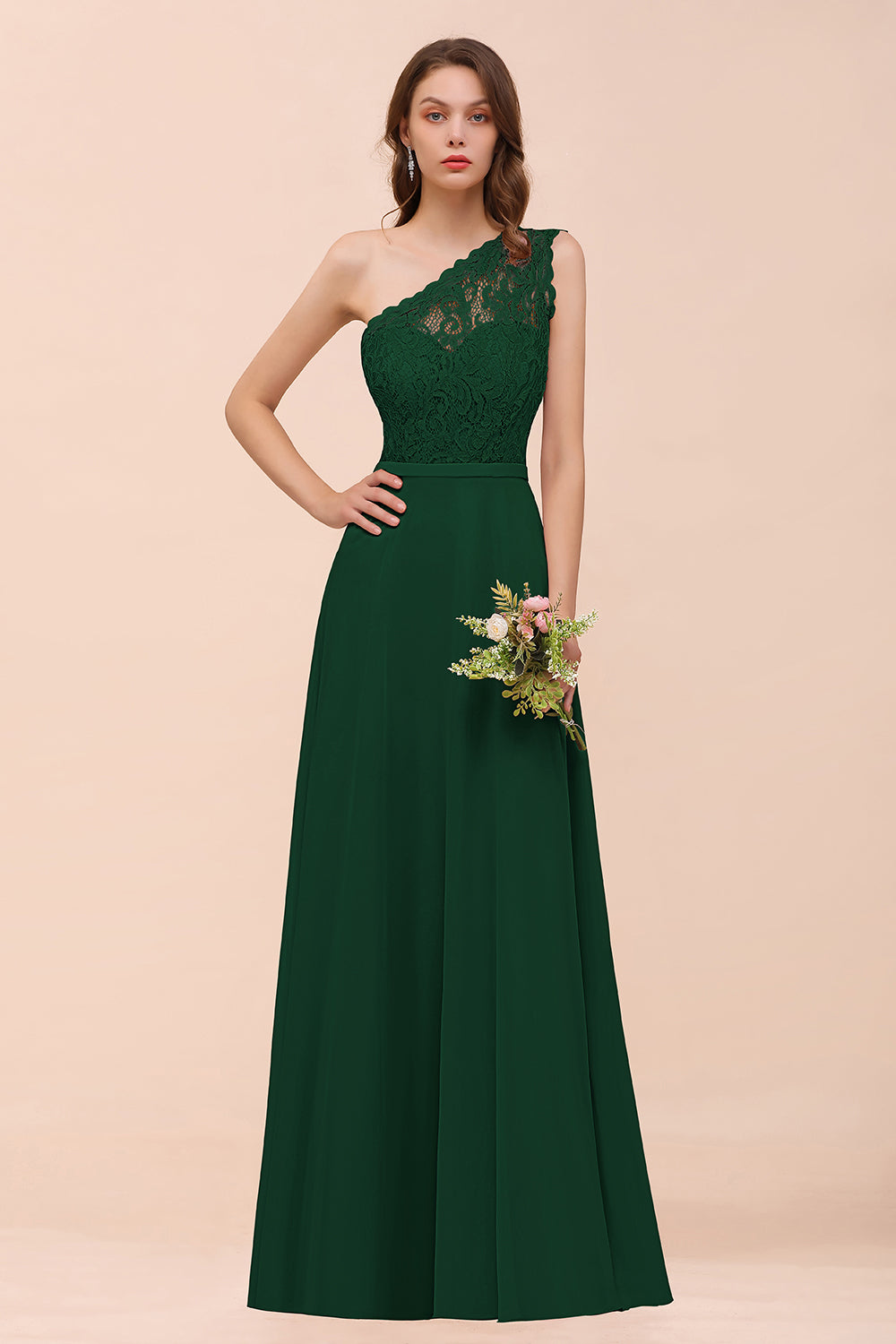 Emerald One Shoulder Chiffon A-Line Long Bridesmaid Dress