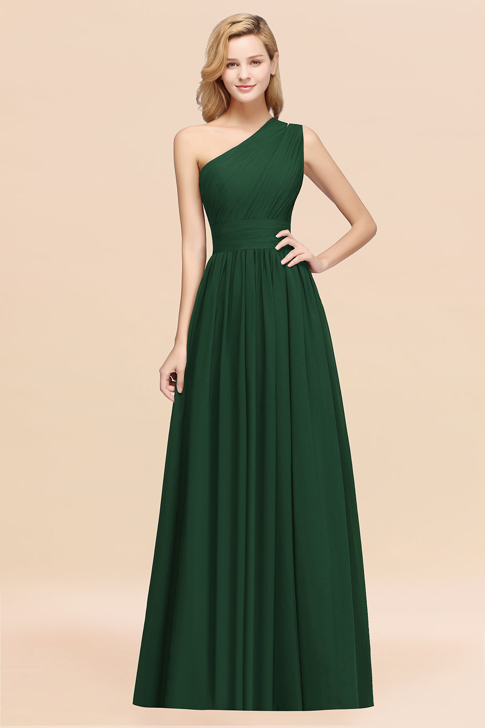 Emerald One Shoulder Chiffon A-Line Long Bridesmaid Dress
