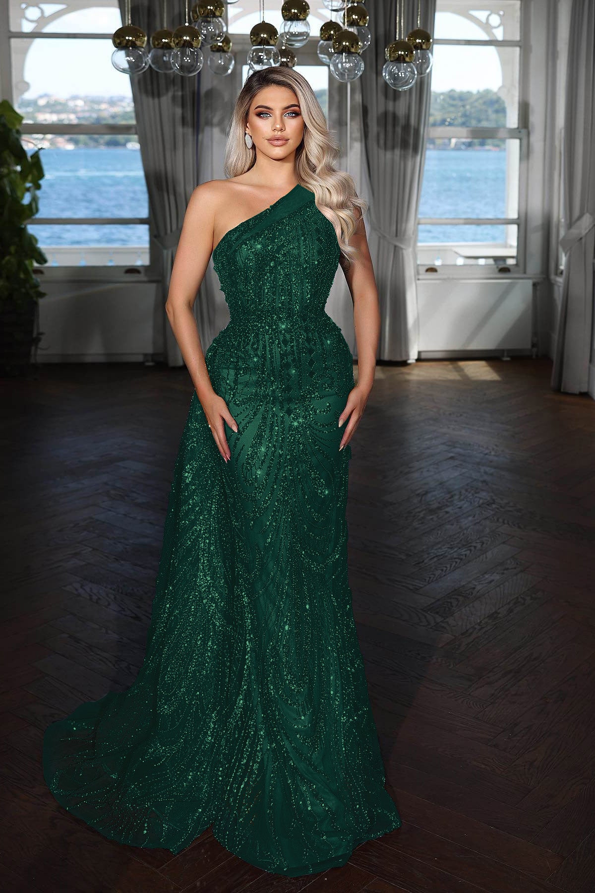 Emerald One Shoulder Sequin Mermaid Long Prom Dress