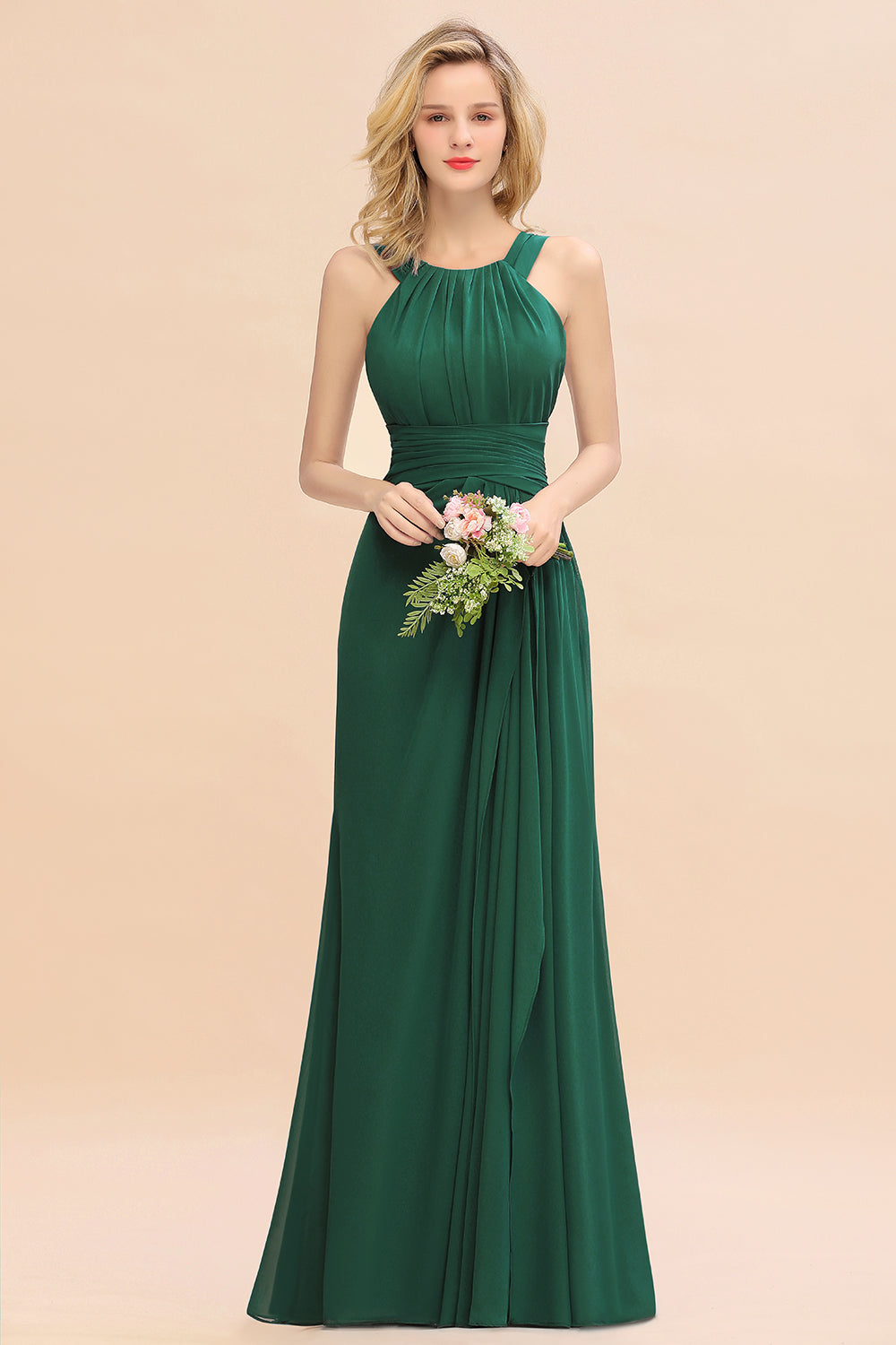 Emerald Scoop Neck Chiffon A-Line Long Bridesmaid Dress