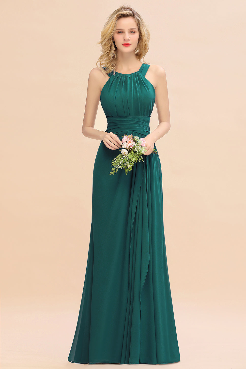 Emerald Scoop Neck Chiffon A-Line Long Bridesmaid Dress