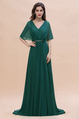 Emerald V-Neck Chiffon A-Line Long Bridesmaid Dress