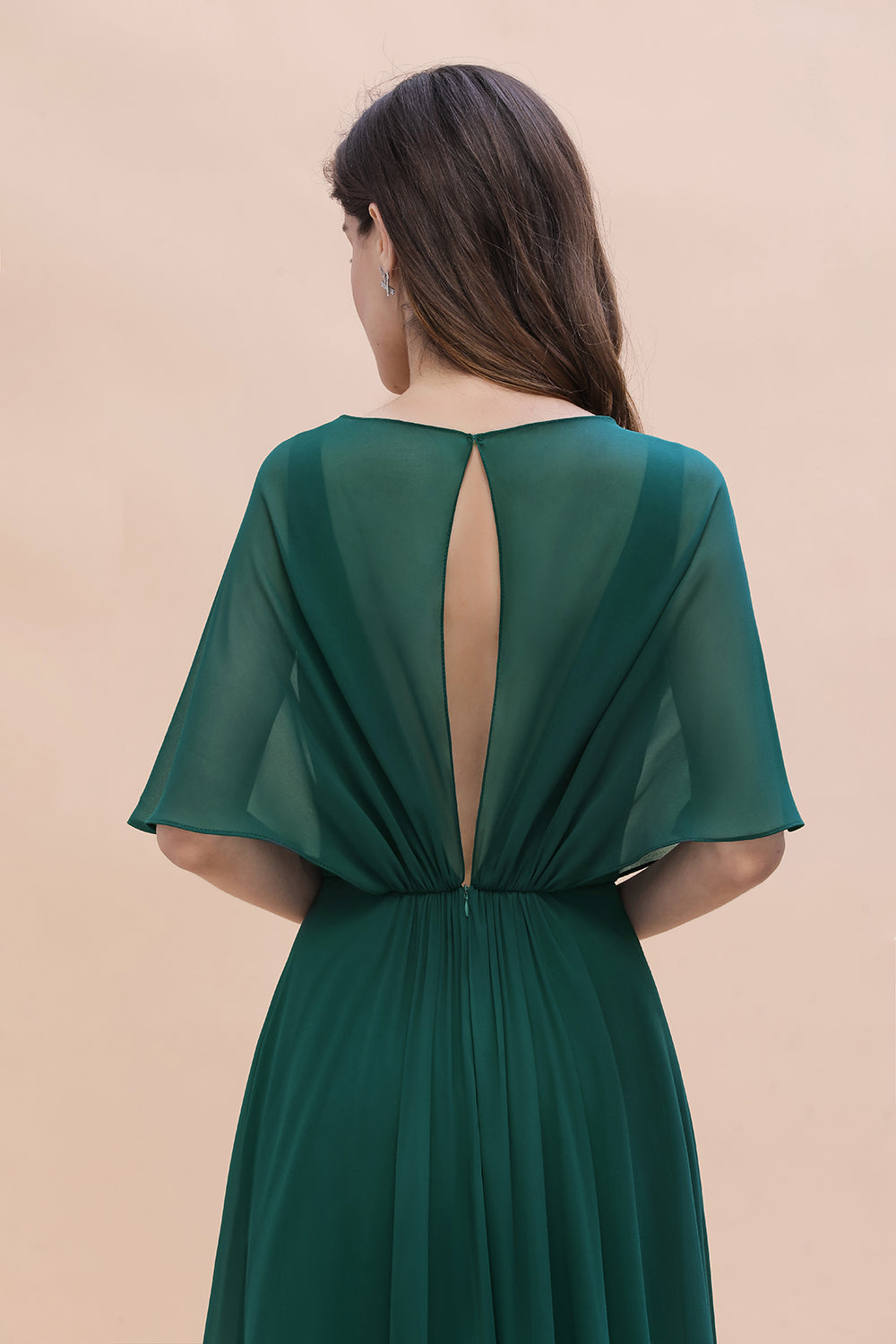 Emerald V-Neck Chiffon A-Line Long Bridesmaid Dress Back Detail