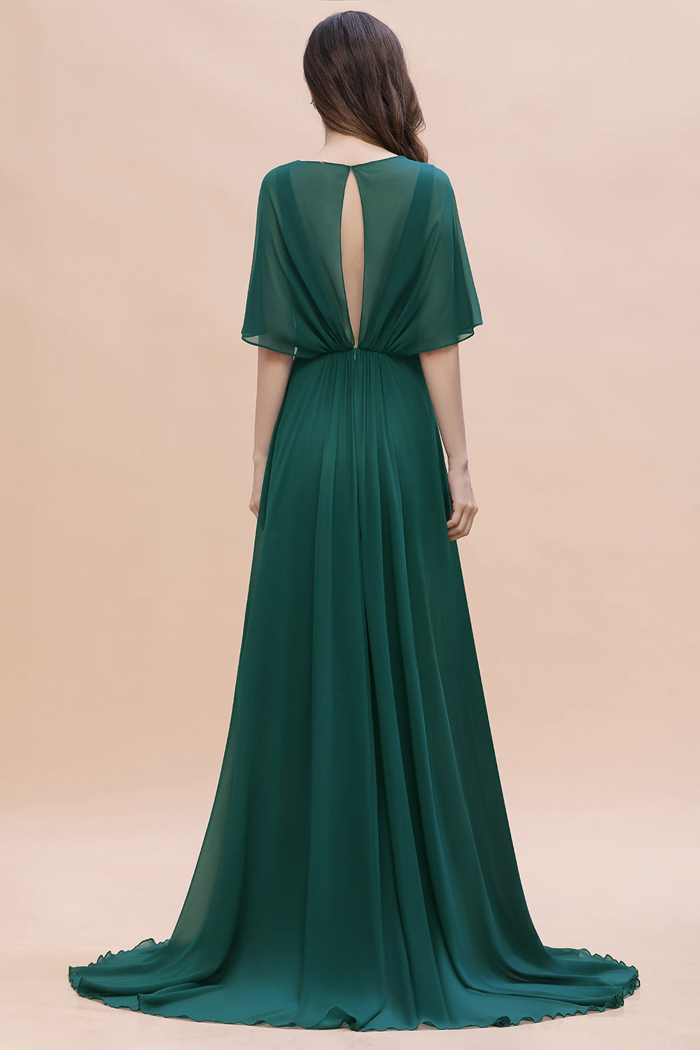 Emerald V-Neck Chiffon A-Line Long Bridesmaid Dress Back View