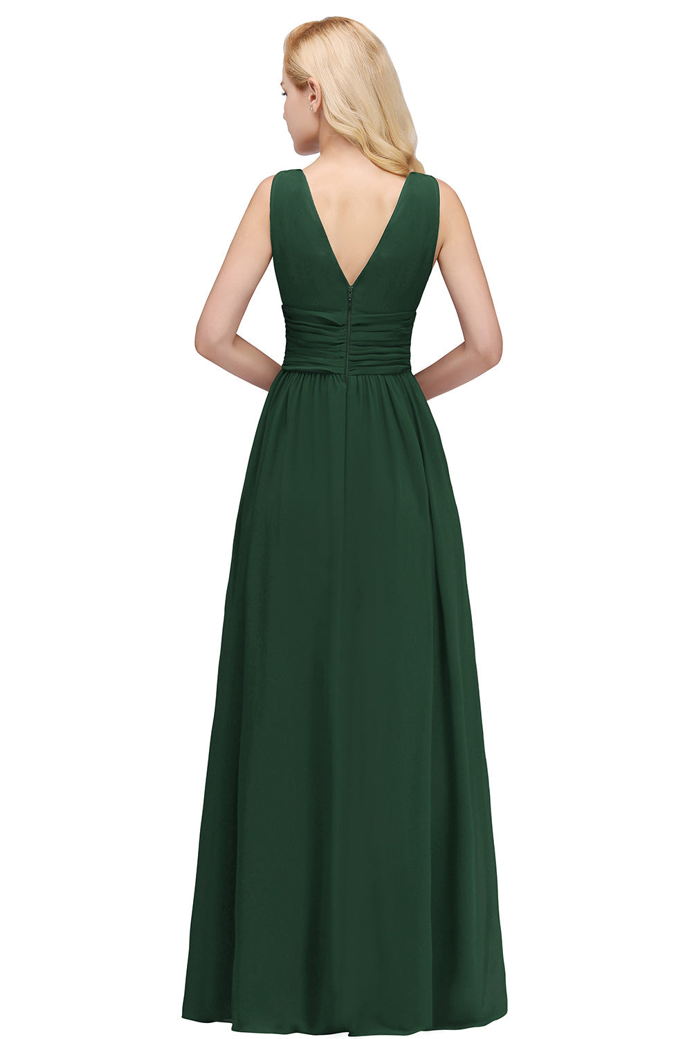 Emerald V-Neck Chiffon A-Line Long Bridesmaid Dress Back View