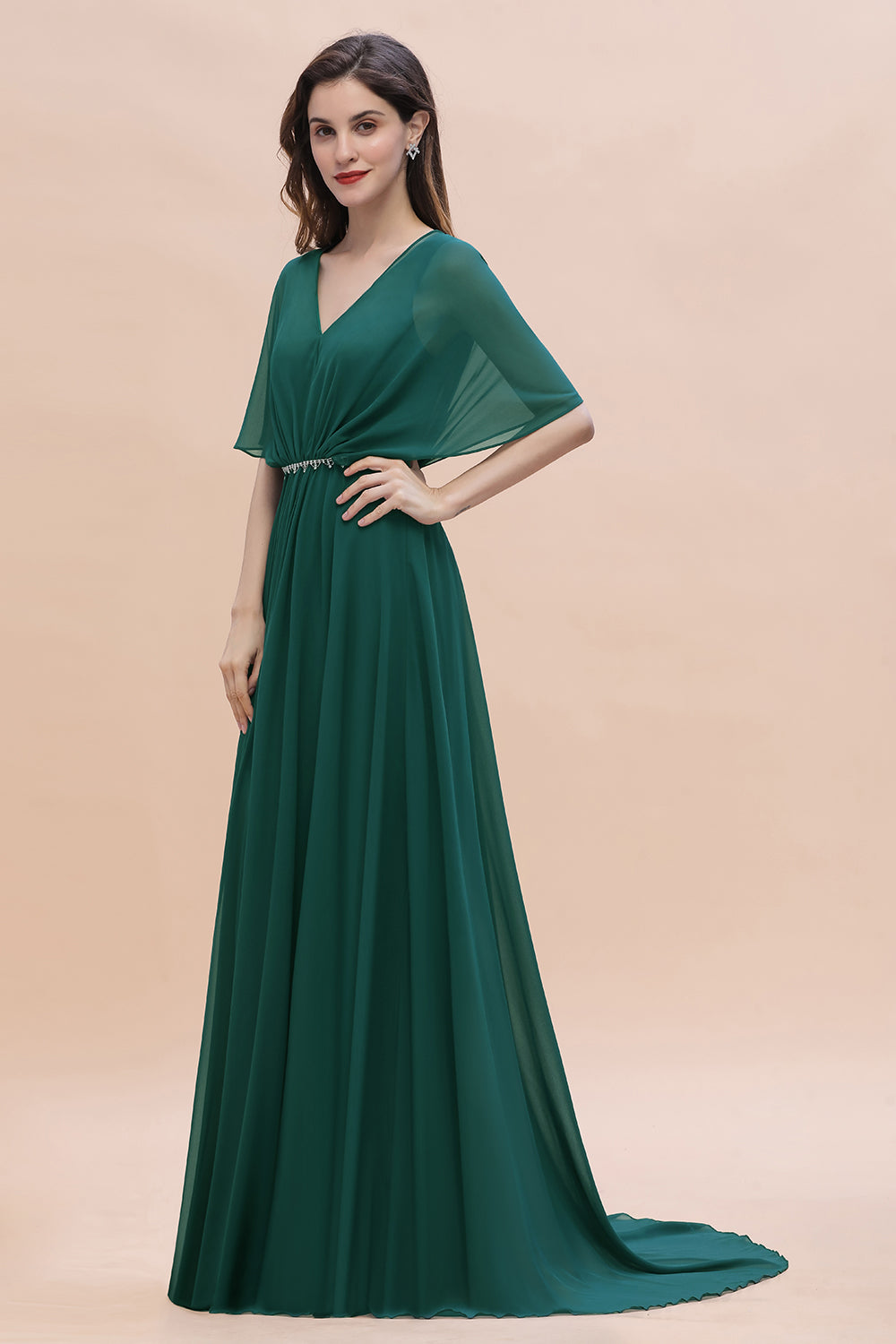 Emerald V-Neck Chiffon A-Line Long Bridesmaid Dress Side View