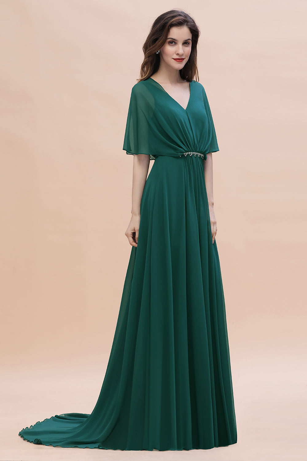 Emerald V-Neck Chiffon A-Line Long Bridesmaid Dress Side View