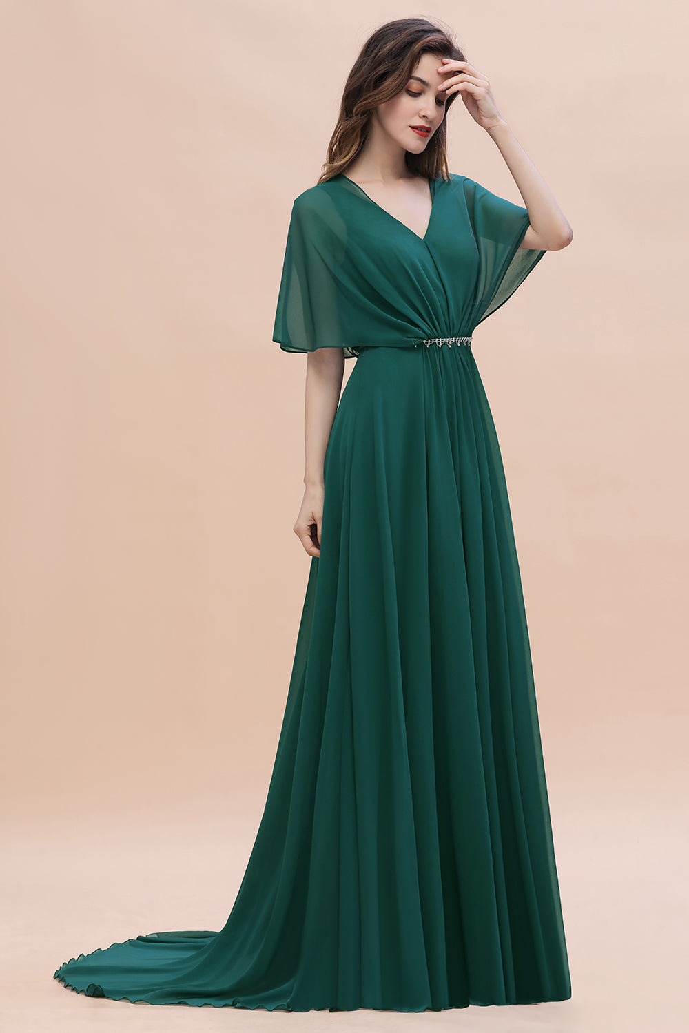 Emerald V-Neck Chiffon A-Line Long Bridesmaid Dress Side View