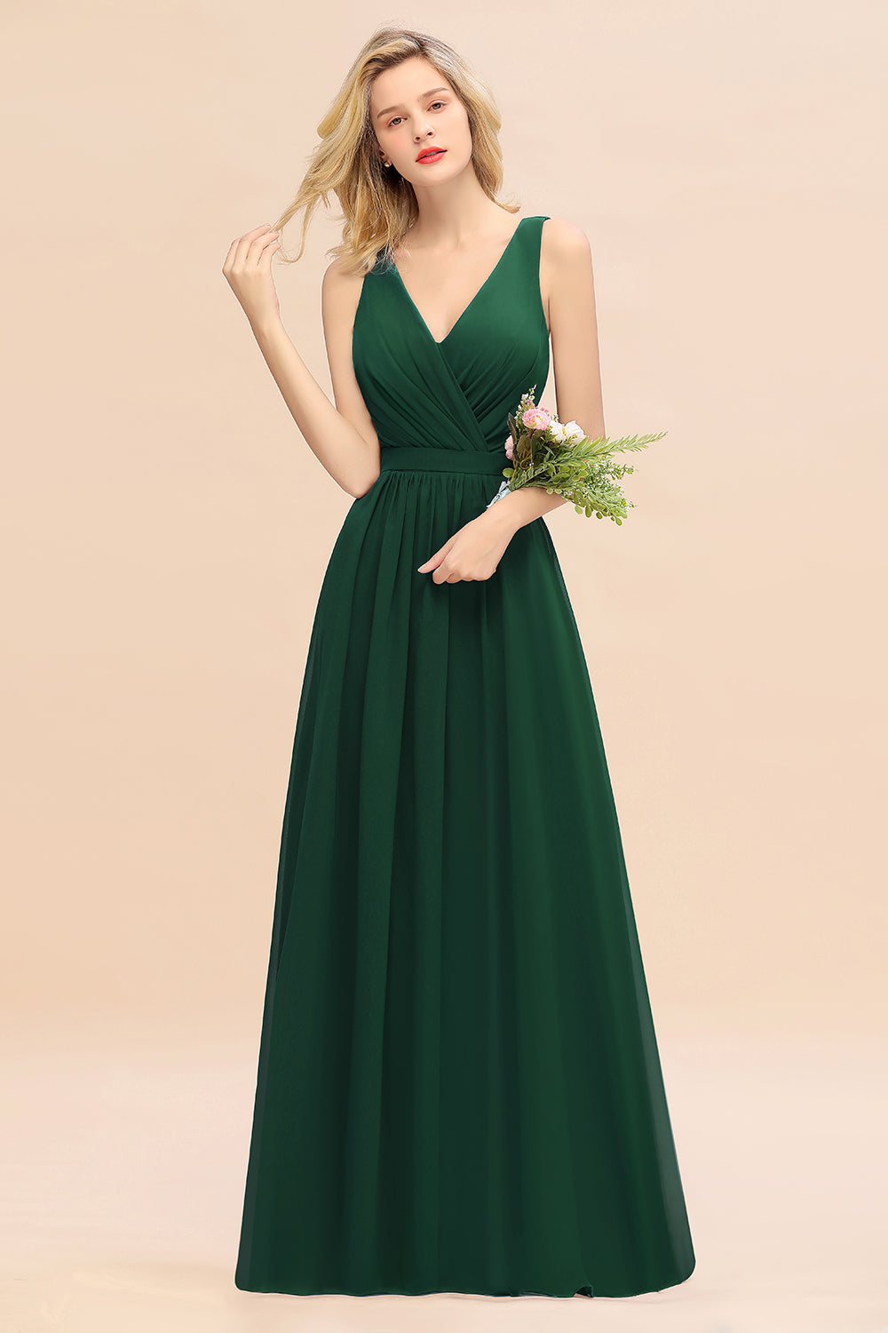 Emerald V-Neck Chiffon A-Line Long Bridesmaid Dress with Ruching