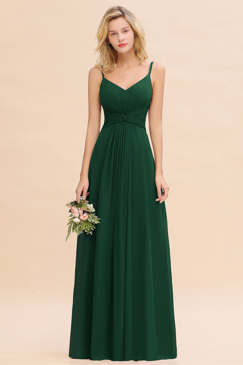 Emerald V-Neck Chiffon A-Line Long Bridesmaid Dress with Ruching