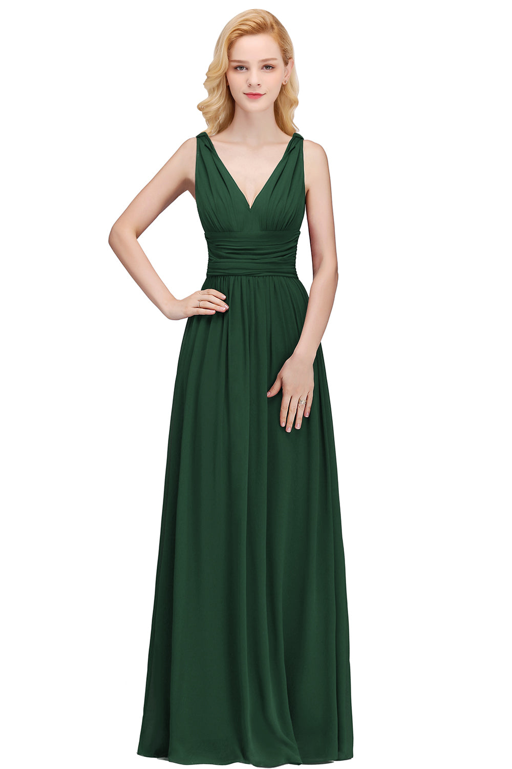 Emerald V-Neck Chiffon A-Line Long Bridesmaid Dress