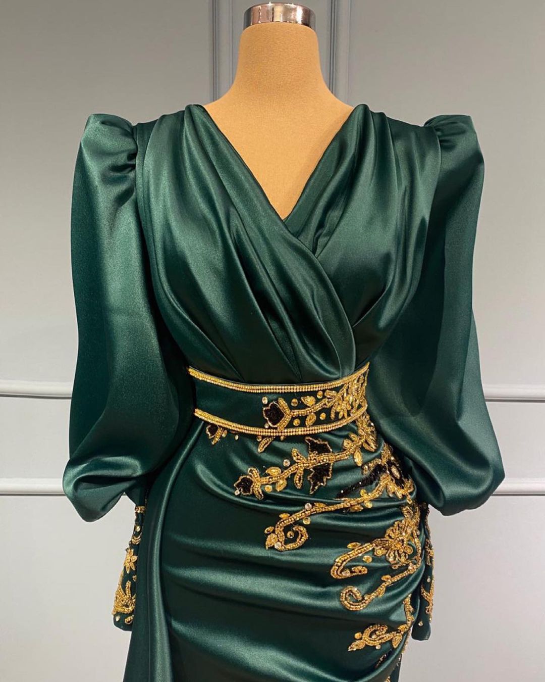 Emerald V-Neck Satin Sheath Long Prom Dress with Long Sleeves and Beading Bodice Detail