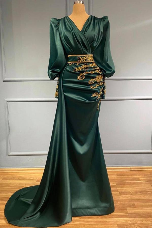 Emerald V-Neck Satin Sheath Long Prom Dress with Long Sleeves and Beading