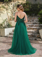 Emerald V-Neck Tulle A-Line Long Prom Dress with Lace Appliques Back View