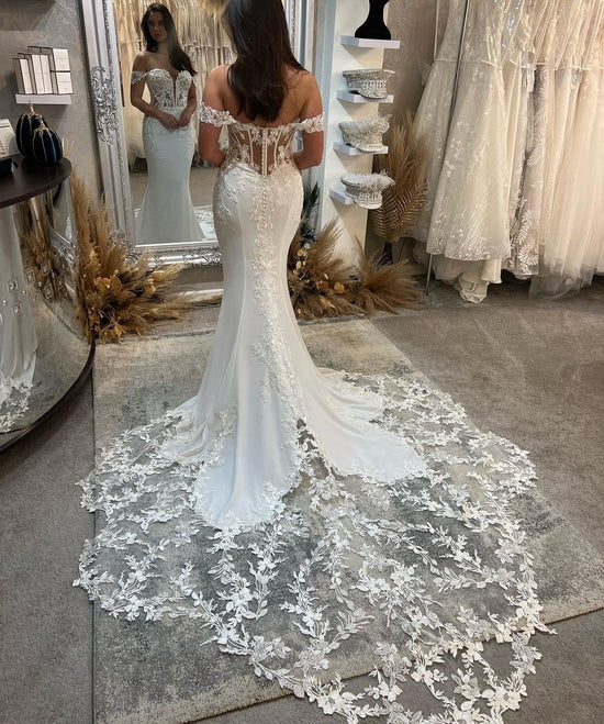 Off-the-shoulder Sweetheart Mermaid Satin Lace Long Wedding Dresses