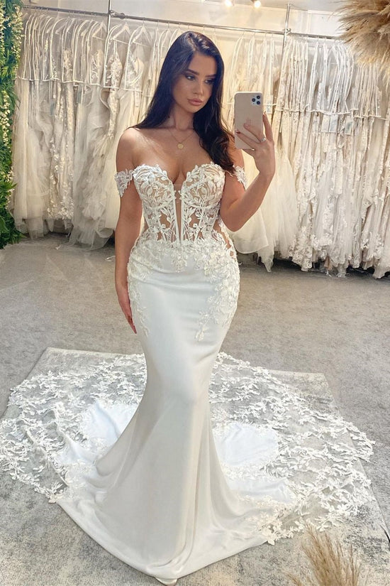Off-the-shoulder Sweetheart Mermaid Satin Lace Long Wedding Dresses