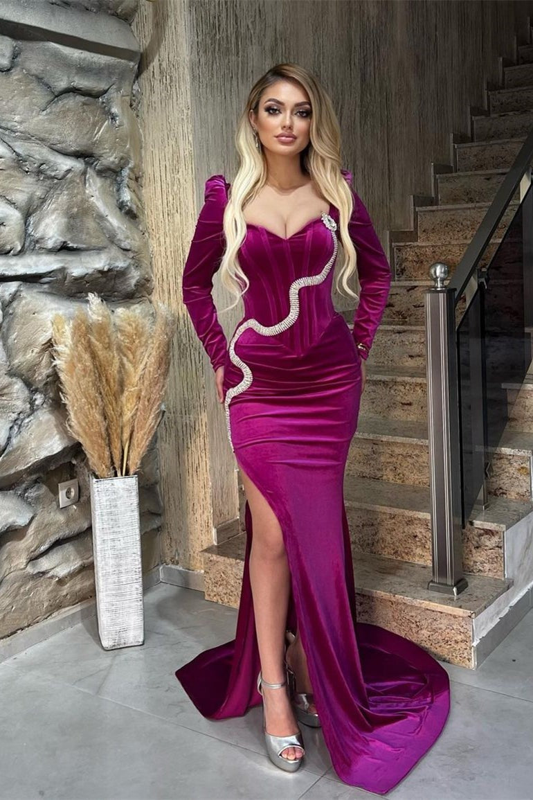 Load image into Gallery viewer, Mermaid Sweetheart Velvet Long Beading Split Front Prom Dresses with Sleeves
