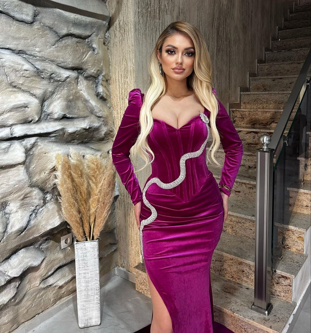 Load image into Gallery viewer, Mermaid Sweetheart Velvet Long Beading Split Front Prom Dresses with Sleeves
