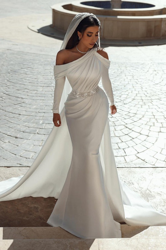 Elegant Mermaid One Shoulder Satin Long Beading Wedding Dresses with Sleeves