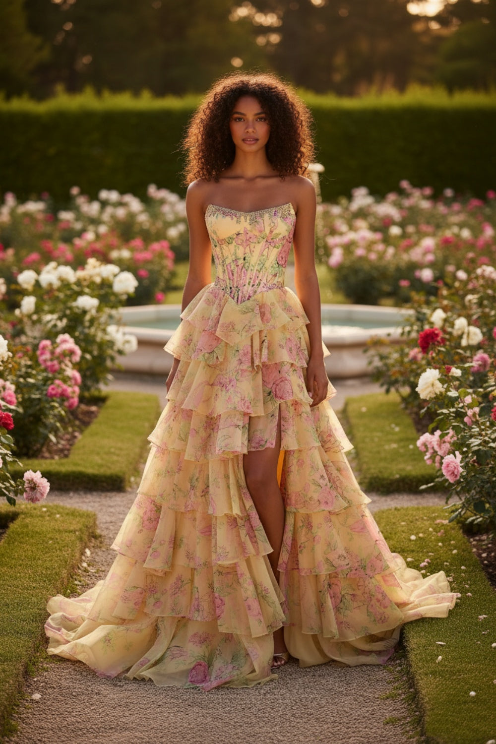 27Dress Floral Ruffled Strapless A Line Sleeveless Long Prom Dress with Split