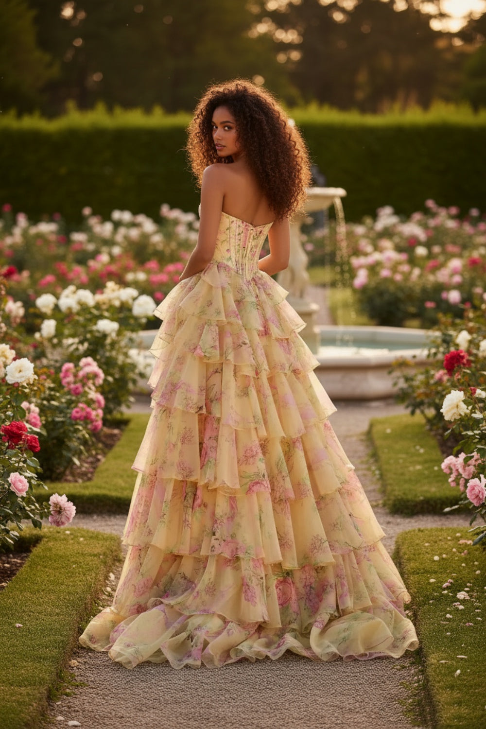 27Dress Floral Ruffled Strapless A Line Sleeveless Long Prom Dress with Split