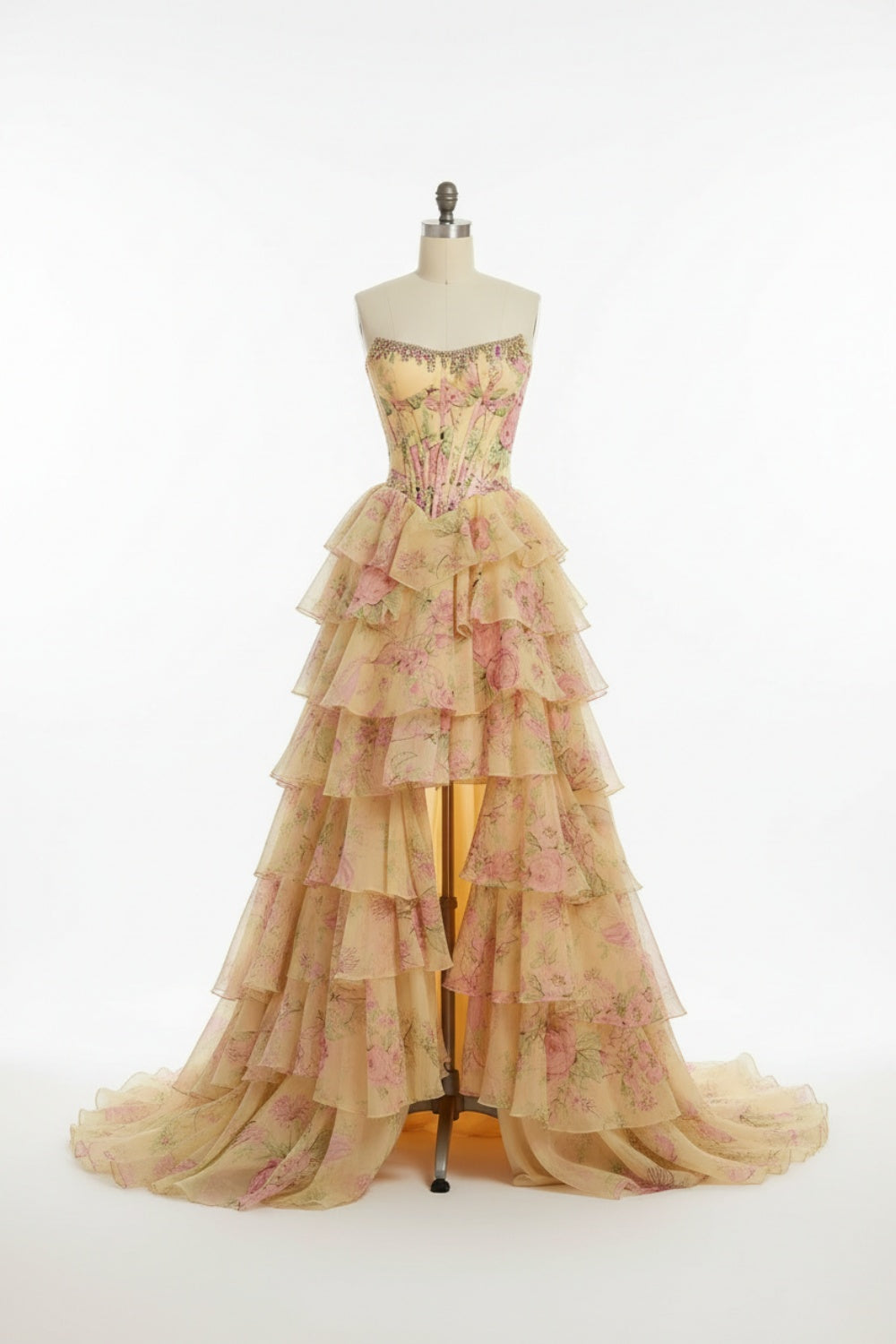 27Dress Floral Ruffled Strapless A Line Sleeveless Long Prom Dress with Split