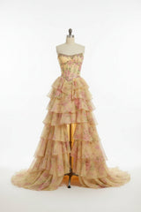 27Dress Floral Ruffled Strapless A Line Sleeveless Long Prom Dress with Split