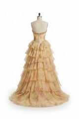 27Dress Floral Ruffled Strapless A Line Sleeveless Long Prom Dress with Split