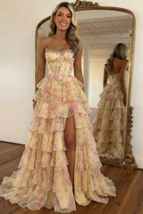 27Dress Floral Ruffled Strapless A Line Sleeveless Long Prom Dress with Split