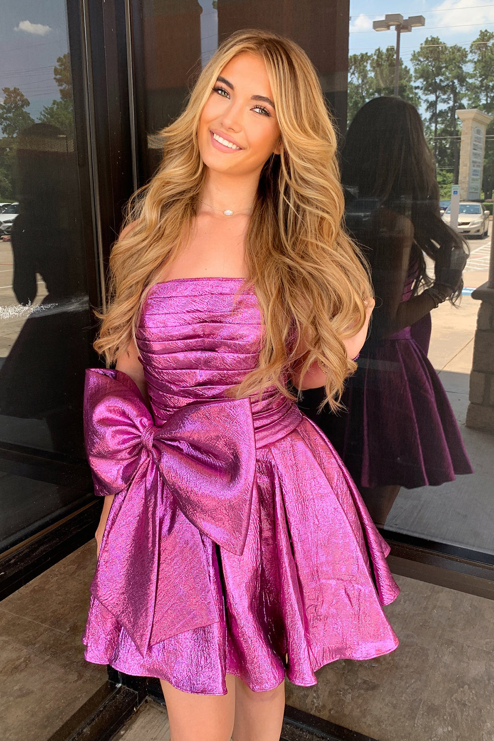 Fuchsia A-Line Ruched Short Homecoming Dress with Bow