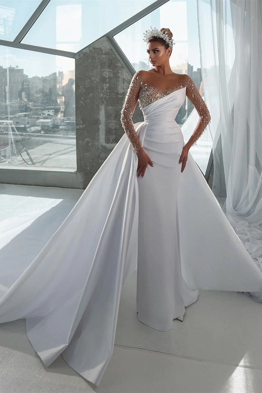 Long Mermaid Jewel Neck Satin Beading Long Sleeves Wedding Dresses