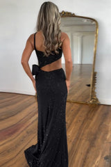 Glitter Black Spaghetti Straps Mermaid Cut-out Long Prom Dress with Beading