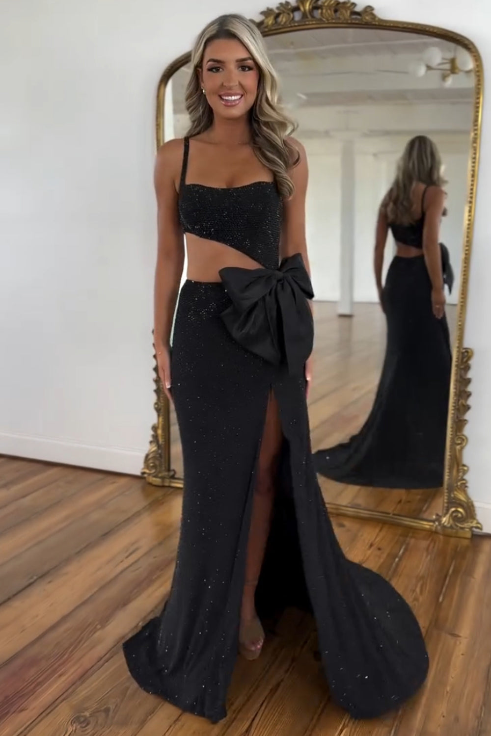 Glitter Black Spaghetti Straps Mermaid Cut-out Long Prom Dress with Beading