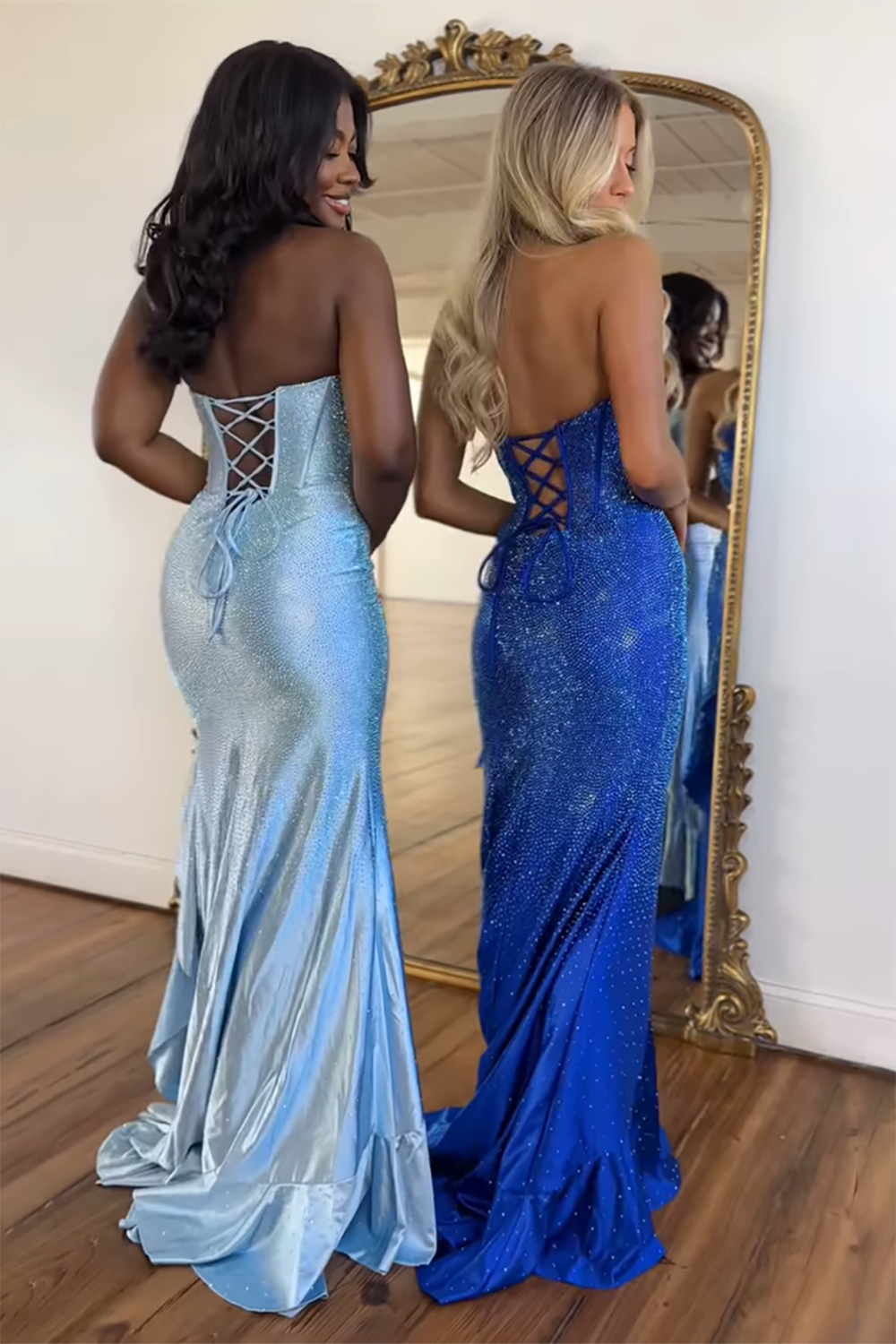 Glitter Orange Strapless Mermaid Beaded Long Corset Prom Dress with Ruffles