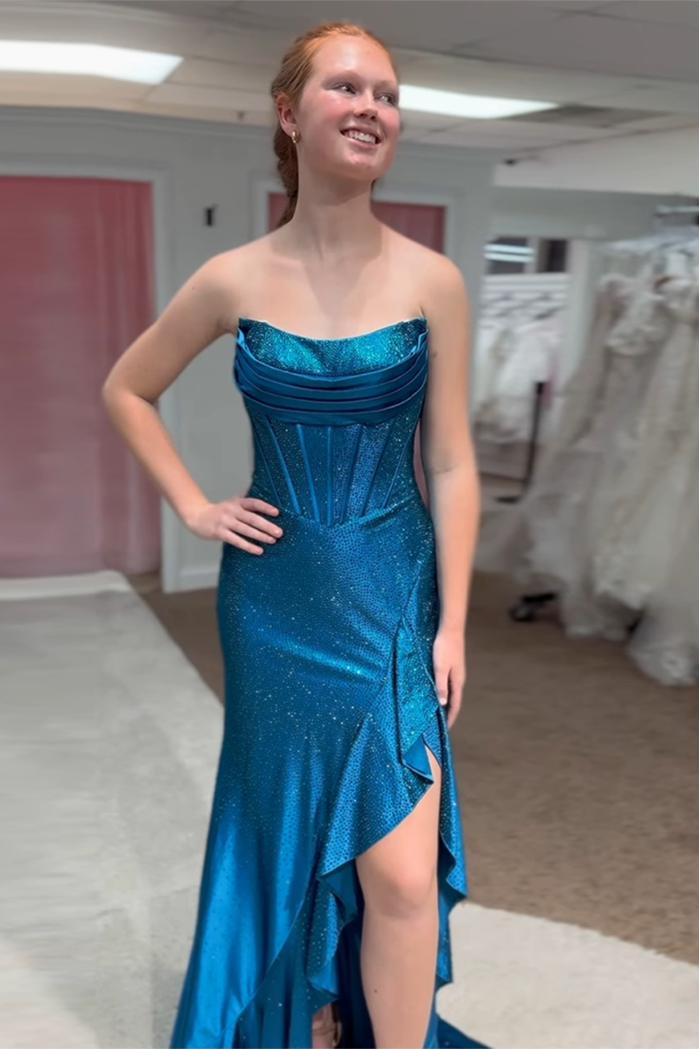 Glitter Orange Strapless Mermaid Beaded Long Corset Prom Dress with Ruffles