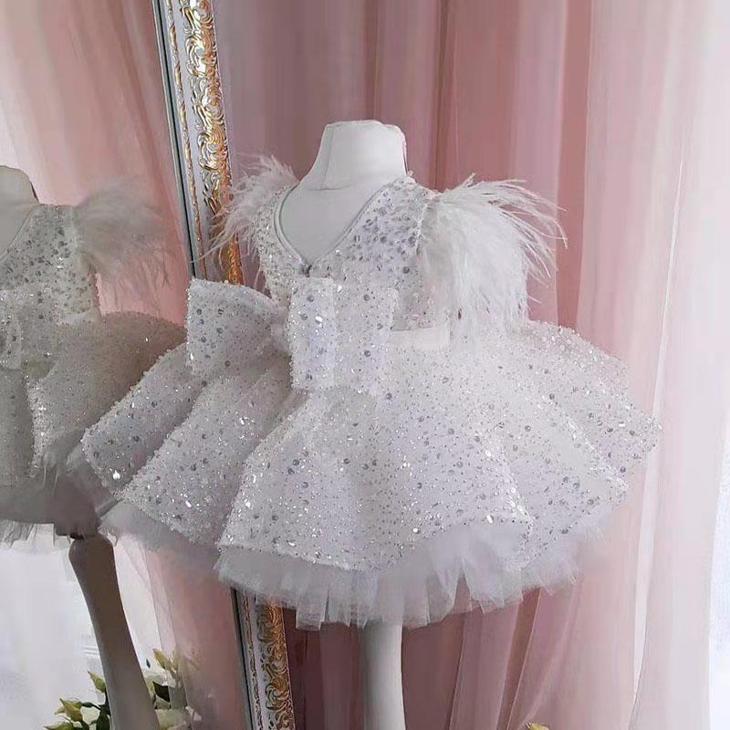 Short Ball Gown Sequins Feather Glitter Flower Girl Dress with Bow 27dress Short Ball Gown Sequins Feather Glitter Flower Girl Dress with Bow 27dress