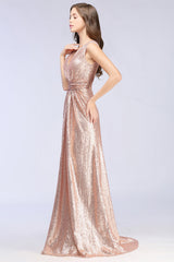 Gold Deep V-Neck Sequin A-Line Long Bridesmaid Dress with Ruching Side View