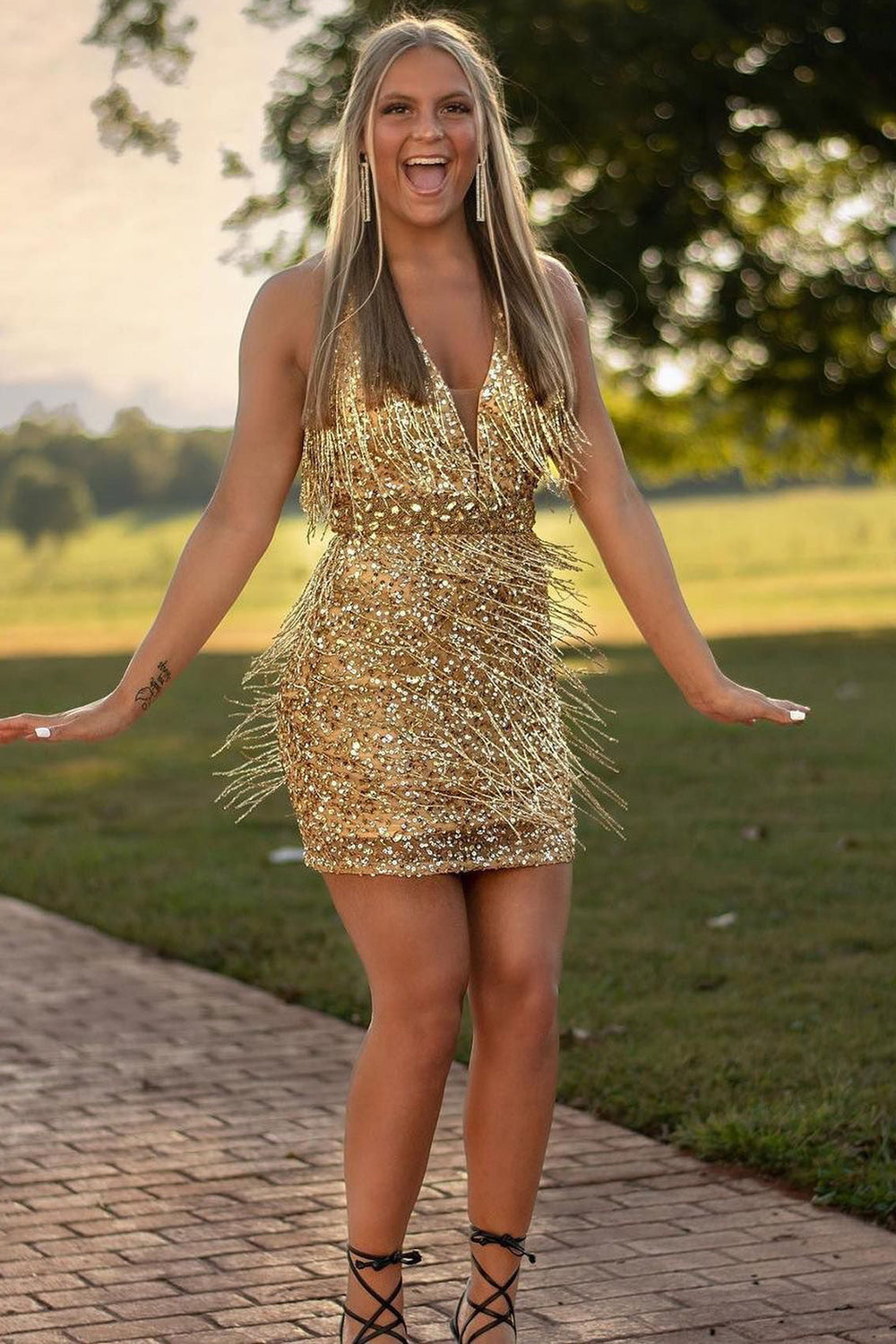 Gold Deep V-Neck Sequin Bodycon Homecoming Dress with Beading