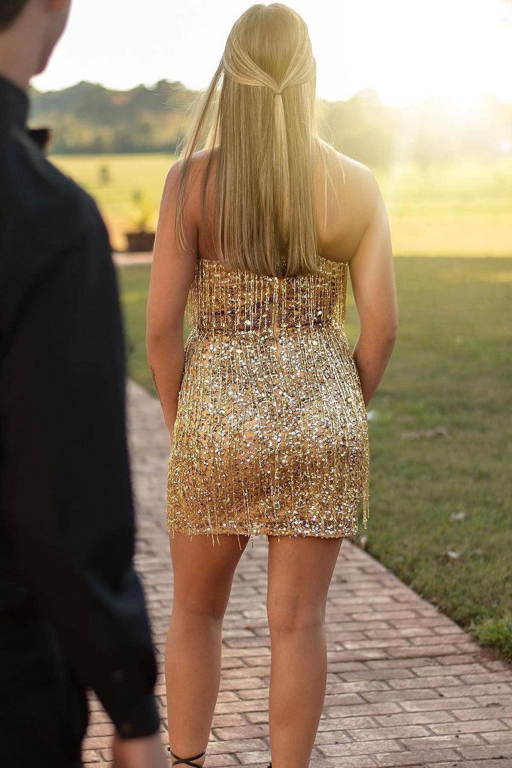 Gold Deep V-Neck Sequin Bodycon Homecoming Dress with Beading Back View