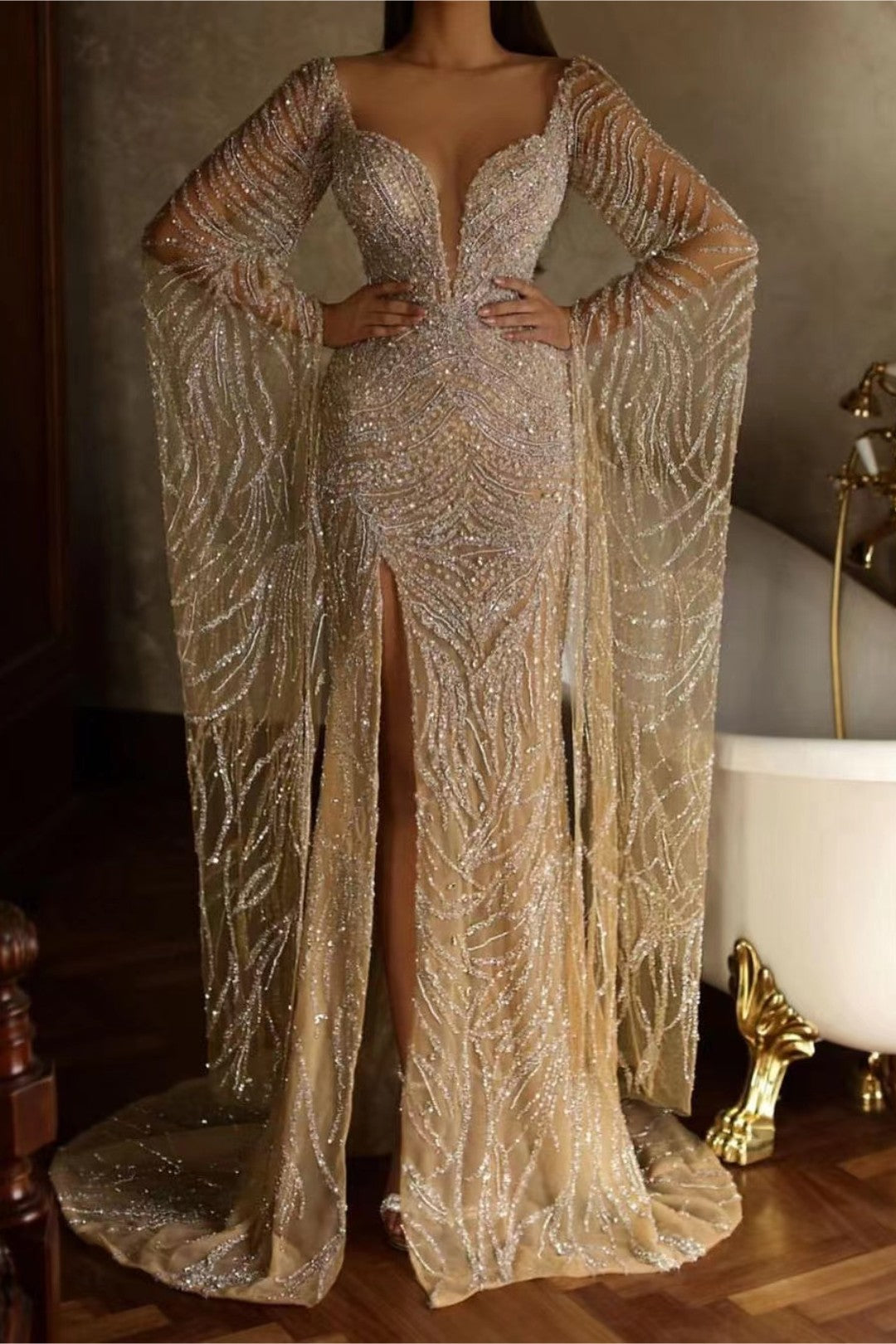 Gold Deep V-Neck Sequin Sheath Long Prom Dress with Long Sleeves and Slit
