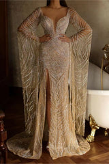 Gold Deep V-Neck Sequin Sheath Long Prom Dress with Long Sleeves and Slit