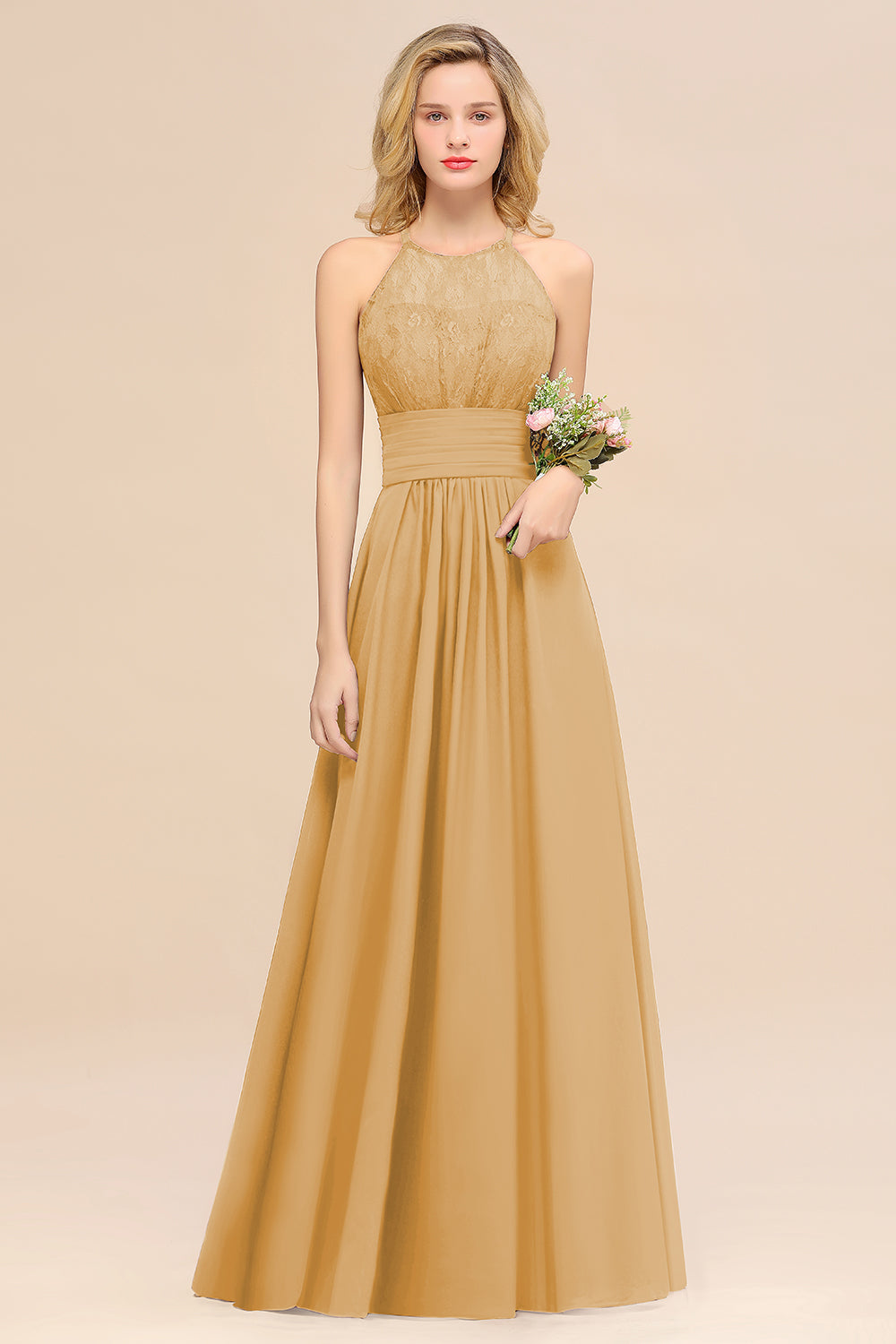 Gold Halter Chiffon A-Line Long Bridesmaid Dress